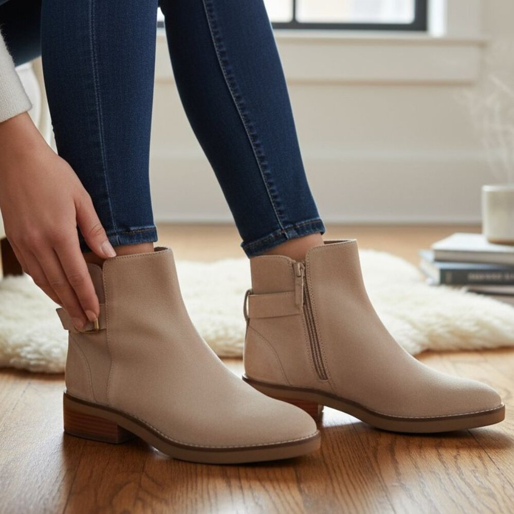 Cole Haan Hampshire Leather 1.5" Stacked Heel Side Zip Buckle Ankle Boots NWOB